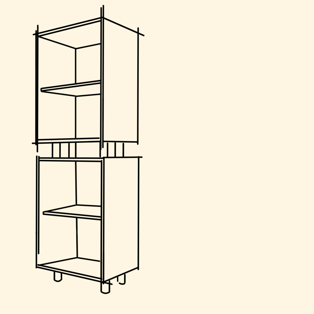 Line art of a record shelf.